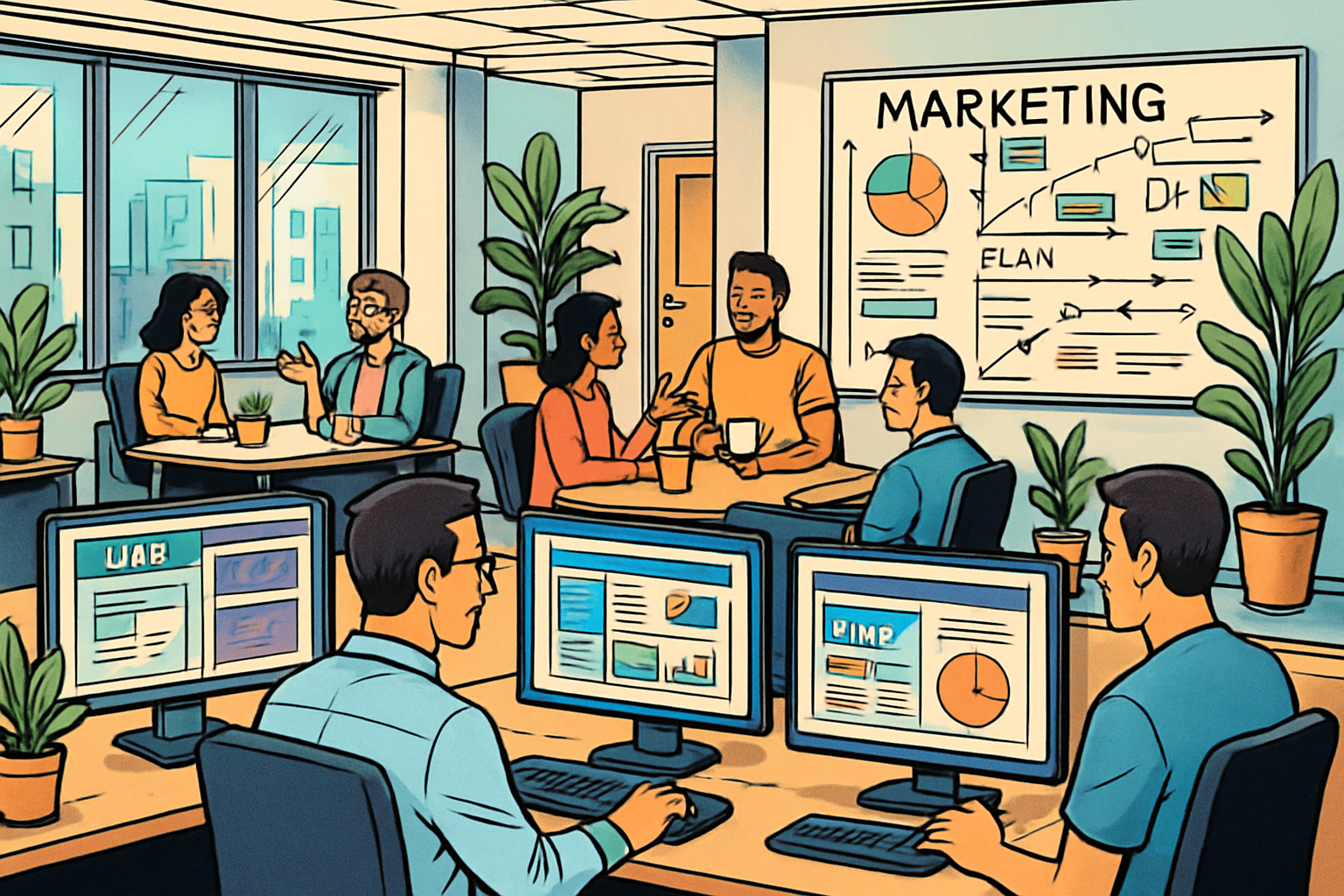 The image depicts a modern office space designed for web development and digital marketing The room is brightly lit with large windows allowing natural light to flood in Sleek minimalist desks are arranged in an open layout each equipped with dual mo-1